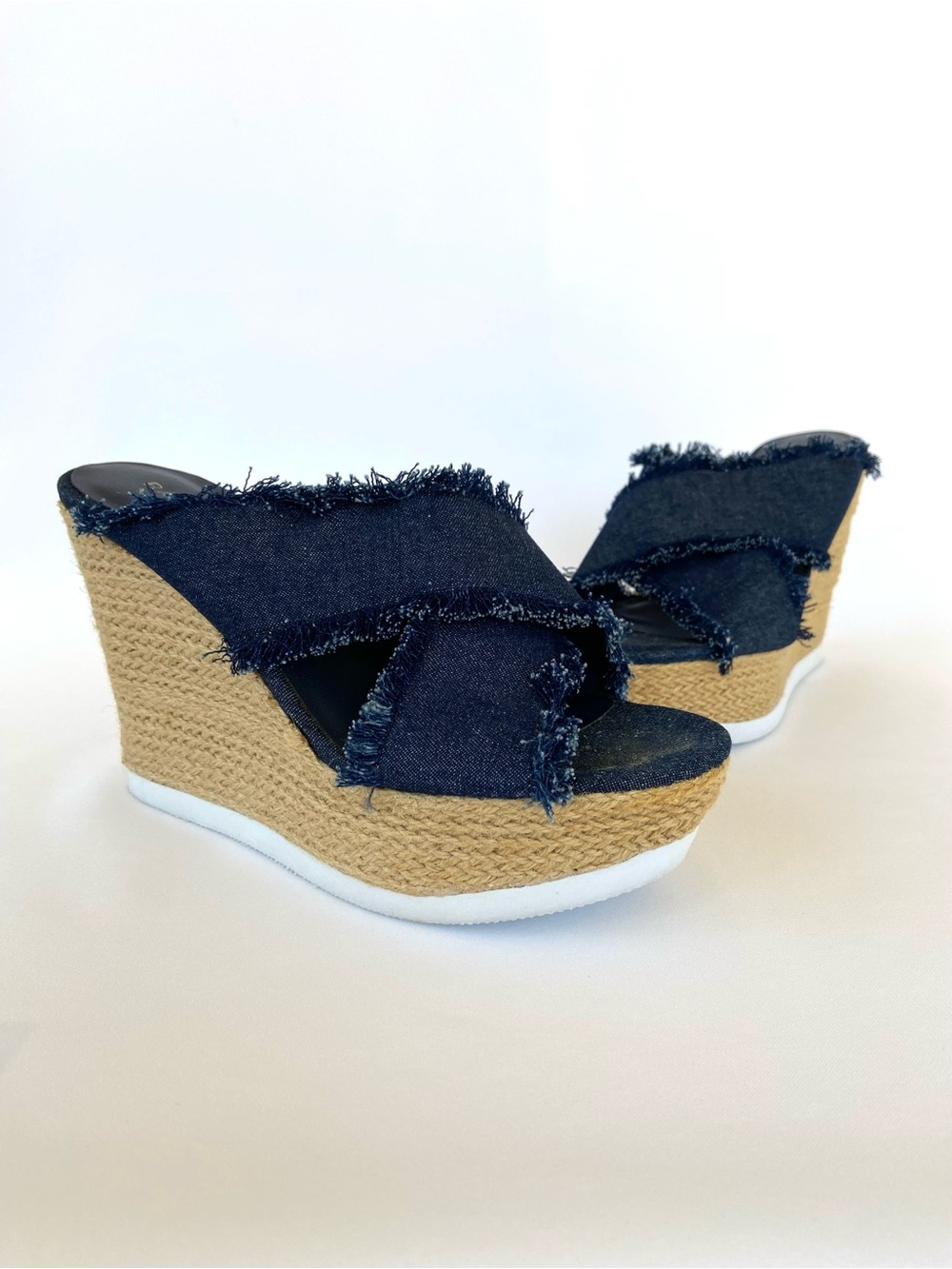 Rampage Frayed Denim Espadrille Platform Wedge Sandals Size 6.5